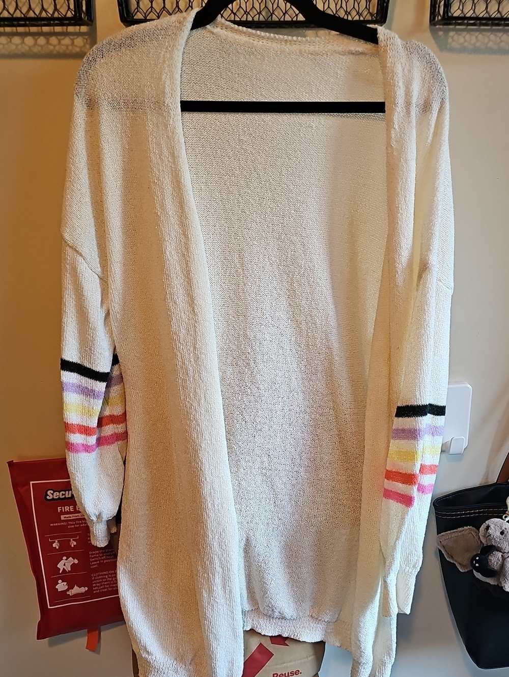 Women’s Cream Open-Front Cardigan with Multicolor Stripe Sleeve Detail